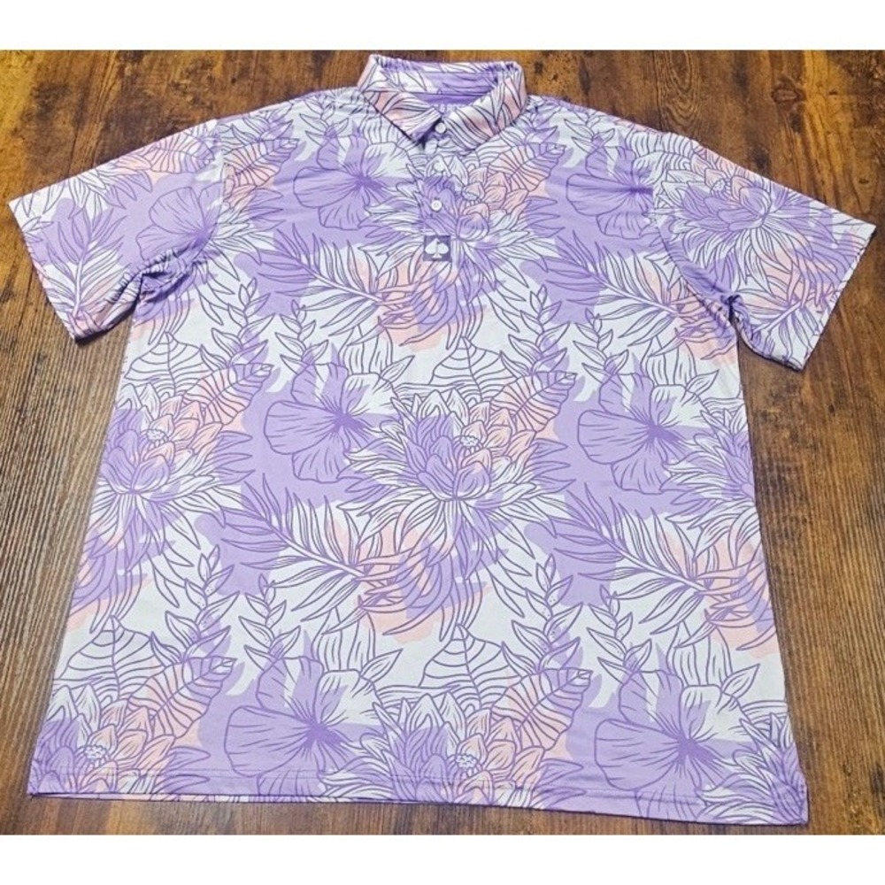 Pins & Aces Polo Shirt Men's 2XL Purple Hawaiian Floral Beach Aloha Golf Preppy